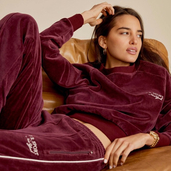 SPORTY & RICH - Velour 2 Pc Tracksuit in Burgundy/White Contrast MSRP $435 BNWT - Picture 5 of 11